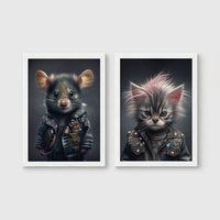 Set of 2 framed prints, punk-style animal portraits: a mouse in a studded punk leather jacket; and a kitten with a punk hairdo in a studded leather jacket — unframed