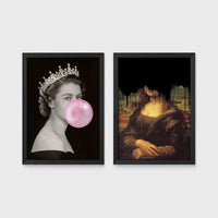 Set of 2 framed prints, classical art with pop-culture twists: a black and white portrait of Queen Elizabeth II blowing pink bubblegum; and the Mona Lisa with black dripping paint over the face — unframed