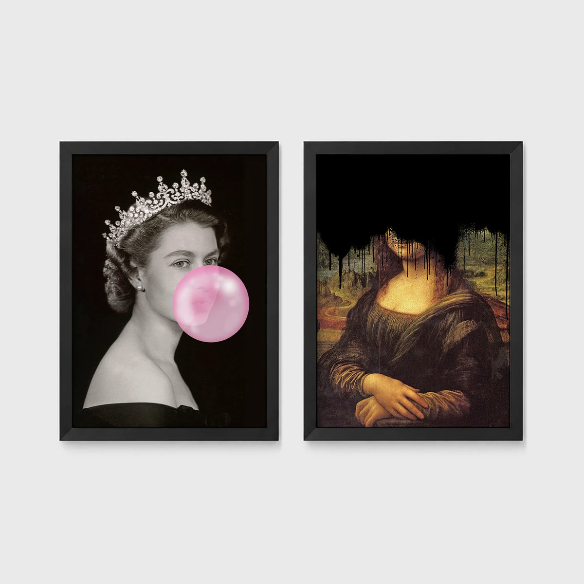 Set of 2 framed prints, classical art with pop-culture twists: a black and white portrait of Queen Elizabeth II blowing pink bubblegum; and the Mona Lisa with black dripping paint over the face — unframed