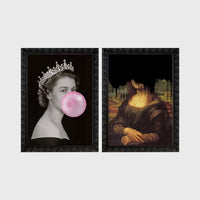 Set of 2 framed prints, classical art with pop-culture twists: a black and white portrait of Queen Elizabeth II blowing pink bubblegum; and the Mona Lisa with black dripping paint over the face — unframed