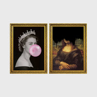Set of 2 framed prints, classical art with pop-culture twists: a black and white portrait of Queen Elizabeth II blowing pink bubblegum; and the Mona Lisa with black dripping paint over the face — unframed