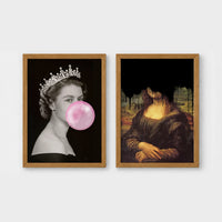 Set of 2 framed prints, classical art with pop-culture twists: a black and white portrait of Queen Elizabeth II blowing pink bubblegum; and the Mona Lisa with black dripping paint over the face — unframed