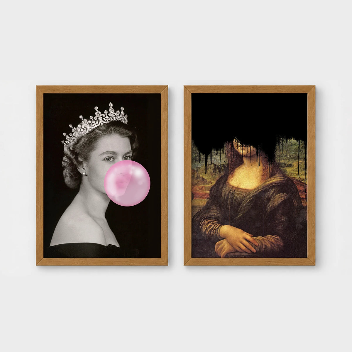Set of 2 framed prints, classical art with pop-culture twists: a black and white portrait of Queen Elizabeth II blowing pink bubblegum; and the Mona Lisa with black dripping paint over the face — unframed