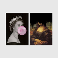 Set of 2 framed prints, classical art with pop-culture twists: a black and white portrait of Queen Elizabeth II blowing pink bubblegum; and the Mona Lisa with black dripping paint over the face — unframed