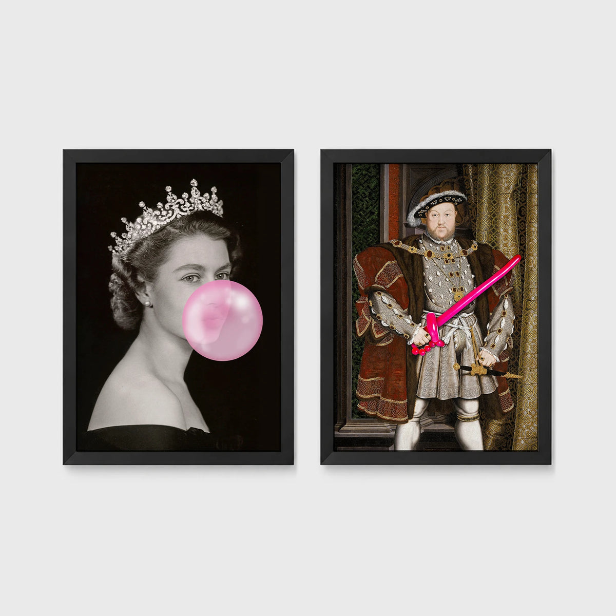 Set of 2 framed prints, classical art with pop-culture twists: a portrait of Queen Elizabeth II blowing pink bubblegum; and a portrait of King Henry VIII holding a pink balloon shape — unframed