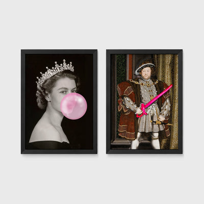 Set of 2 framed prints, classical art with pop-culture twists: a portrait of Queen Elizabeth II blowing pink bubblegum; and a portrait of King Henry VIII holding a pink balloon shape — unframed