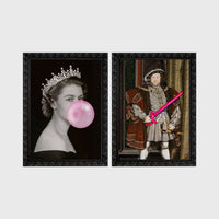 Set of 2 framed prints, classical art with pop-culture twists: a portrait of Queen Elizabeth II blowing pink bubblegum; and a portrait of King Henry VIII holding a pink balloon shape — unframed