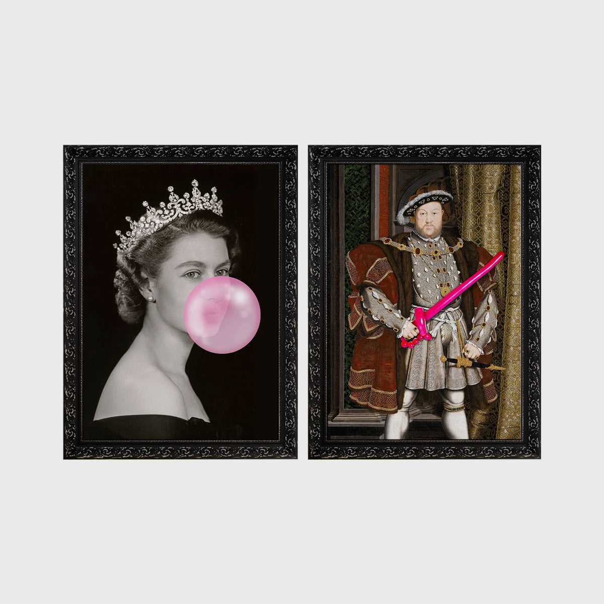 Set of 2 framed prints, classical art with pop-culture twists: a portrait of Queen Elizabeth II blowing pink bubblegum; and a portrait of King Henry VIII holding a pink balloon shape — unframed
