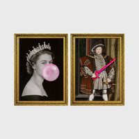 Set of 2 framed prints, classical art with pop-culture twists: a portrait of Queen Elizabeth II blowing pink bubblegum; and a portrait of King Henry VIII holding a pink balloon shape — unframed