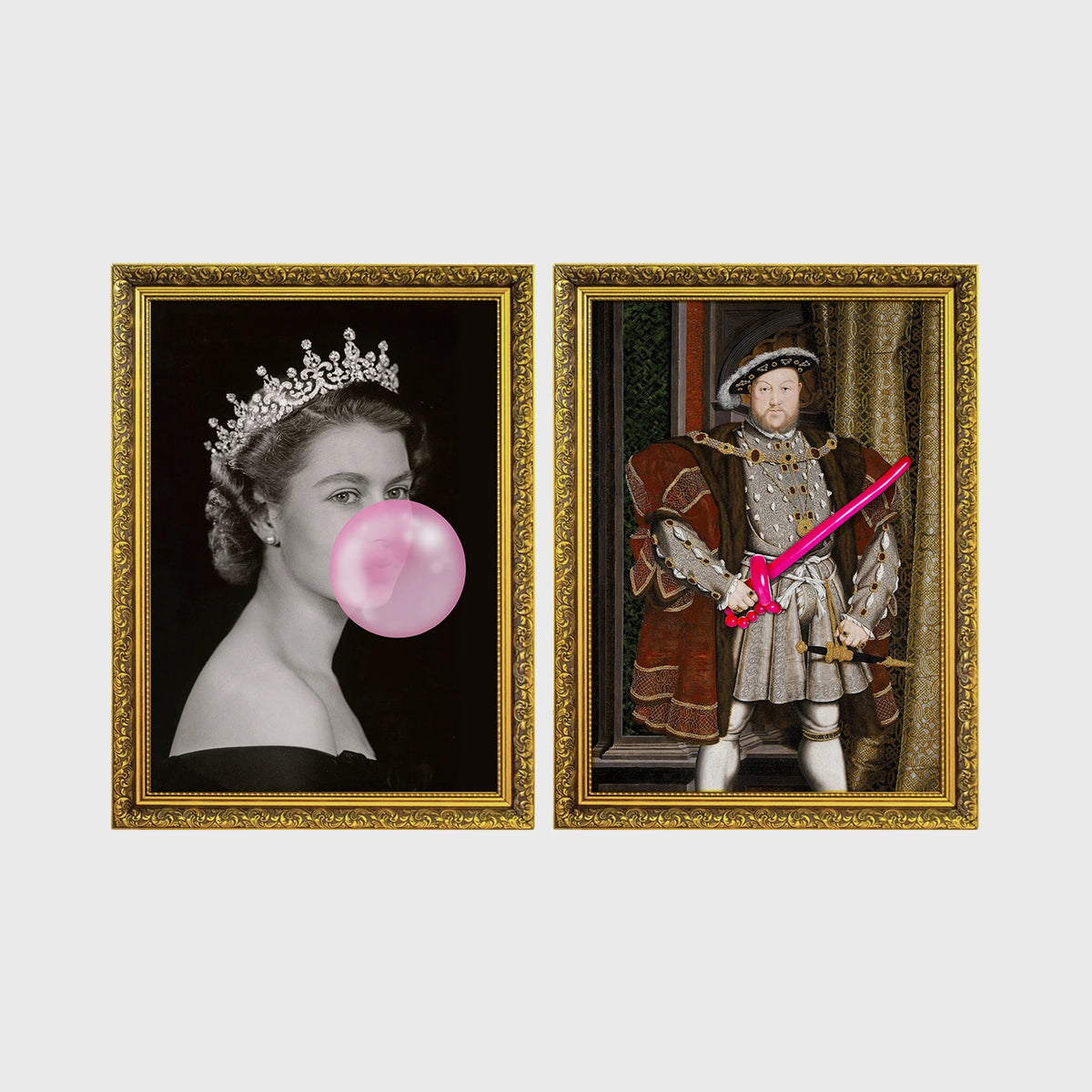 Set of 2 framed prints, classical art with pop-culture twists: a portrait of Queen Elizabeth II blowing pink bubblegum; and a portrait of King Henry VIII holding a pink balloon shape — unframed
