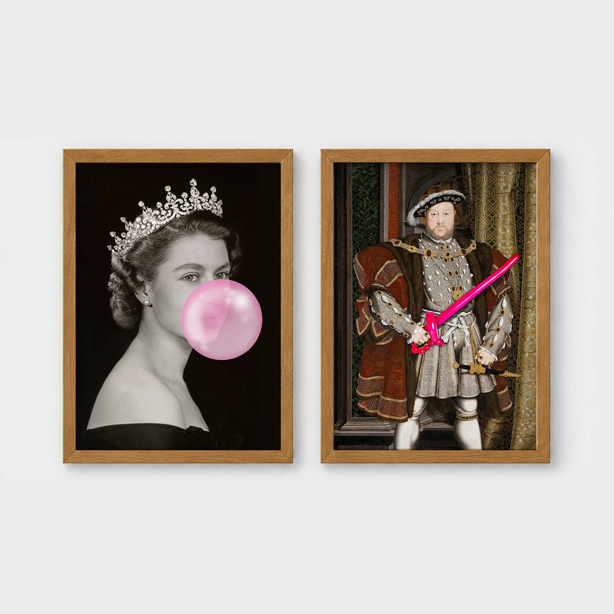 Set of 2 framed prints, classical art with pop-culture twists: a portrait of Queen Elizabeth II blowing pink bubblegum; and a portrait of King Henry VIII holding a pink balloon shape — unframed