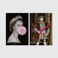 Set of 2 framed prints, classical art with pop-culture twists: a portrait of Queen Elizabeth II blowing pink bubblegum; and a portrait of King Henry VIII holding a pink balloon shape — unframed