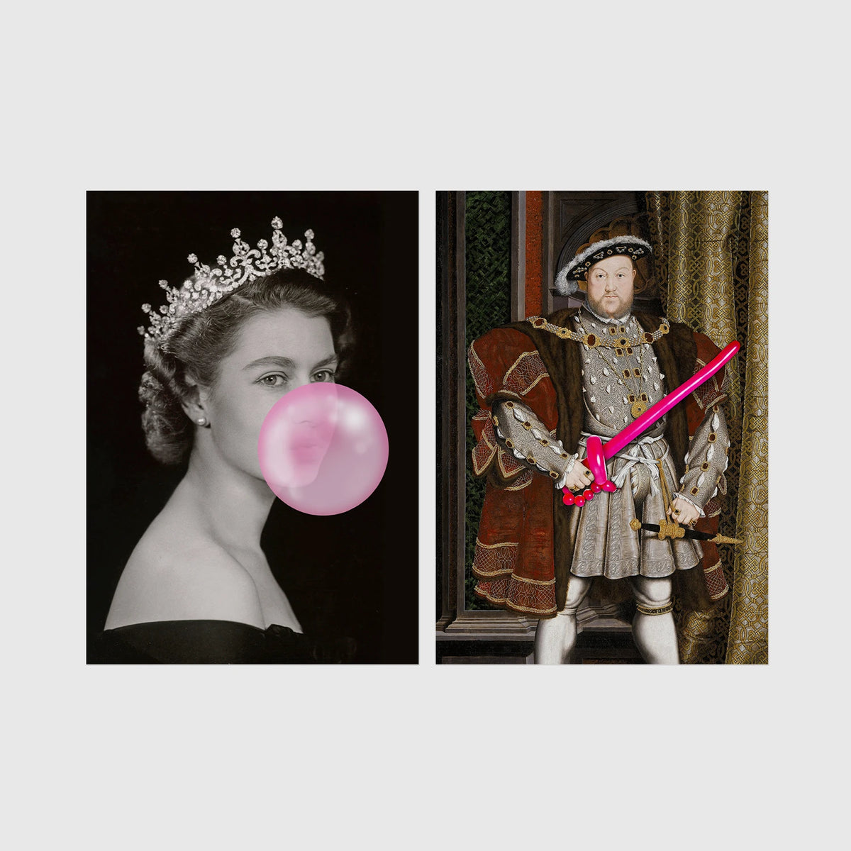 Set of 2 framed prints, classical art with pop-culture twists: a portrait of Queen Elizabeth II blowing pink bubblegum; and a portrait of King Henry VIII holding a pink balloon shape — unframed