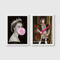 Set of 2 framed prints, classical art with pop-culture twists: a portrait of Queen Elizabeth II blowing pink bubblegum; and a portrait of King Henry VIII holding a pink balloon shape — unframed