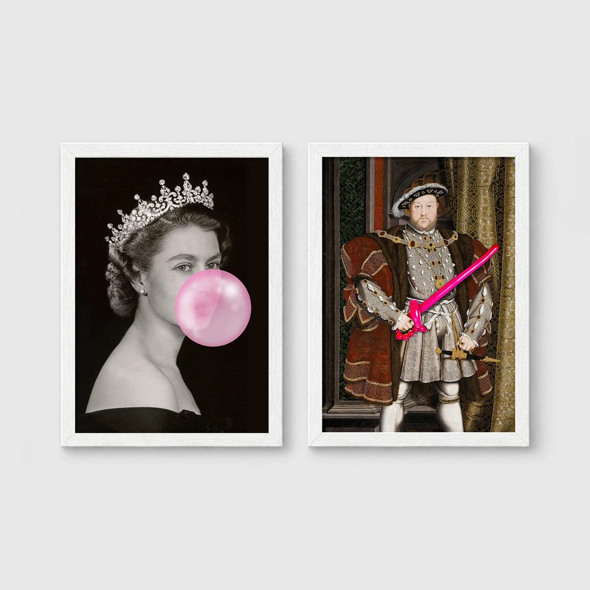 Set of 2 framed prints, classical art with pop-culture twists: a portrait of Queen Elizabeth II blowing pink bubblegum; and a portrait of King Henry VIII holding a pink balloon shape — unframed