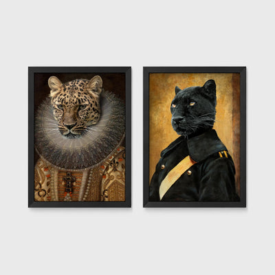 Set of 2 framed prints, animals in noble/military dress: a leopard in an Elizabethan ruff collar; and a panther in a dark military uniform — unframed