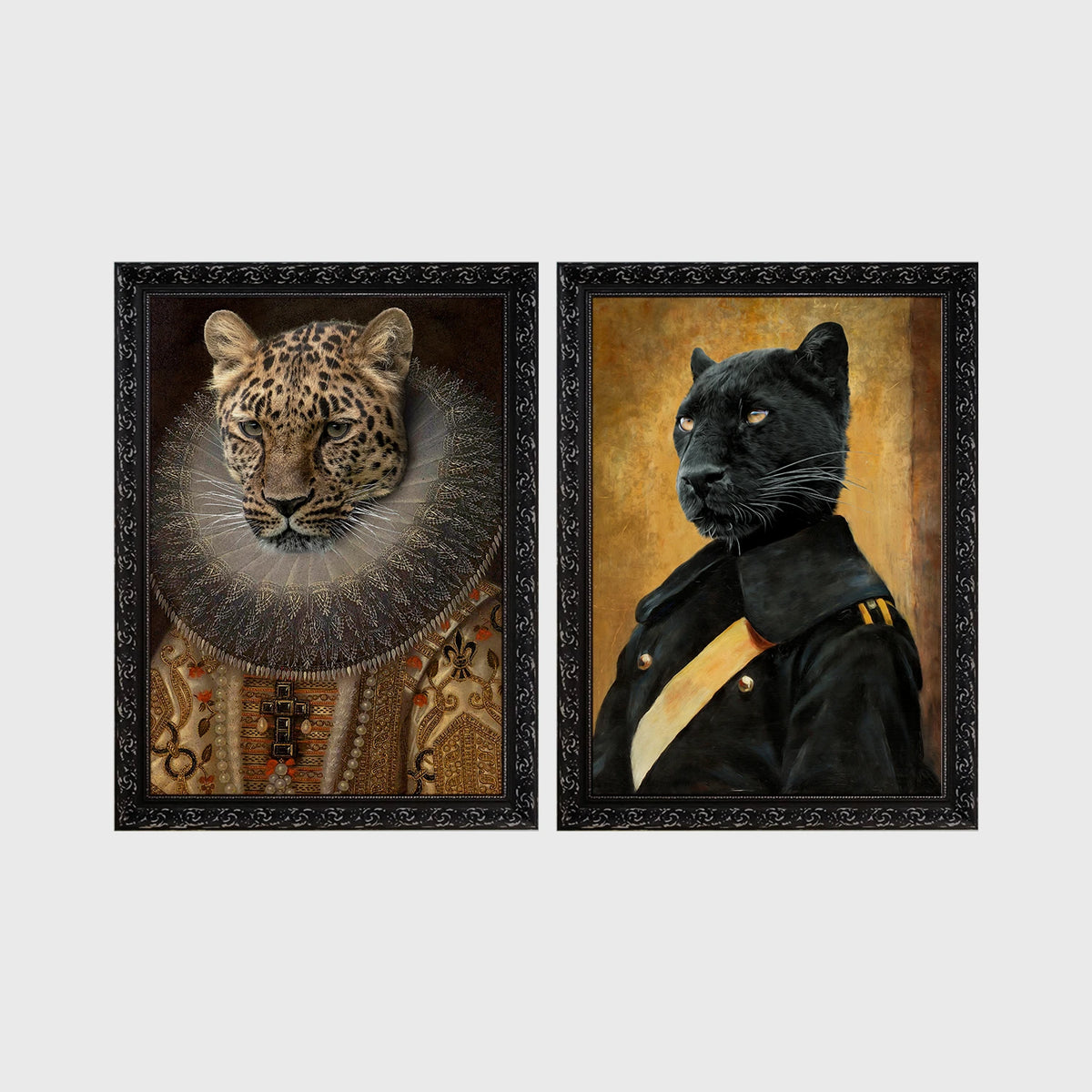 Set of 2 framed prints, animals in noble/military dress: a leopard in an Elizabethan ruff collar; and a panther in a dark military uniform — unframed