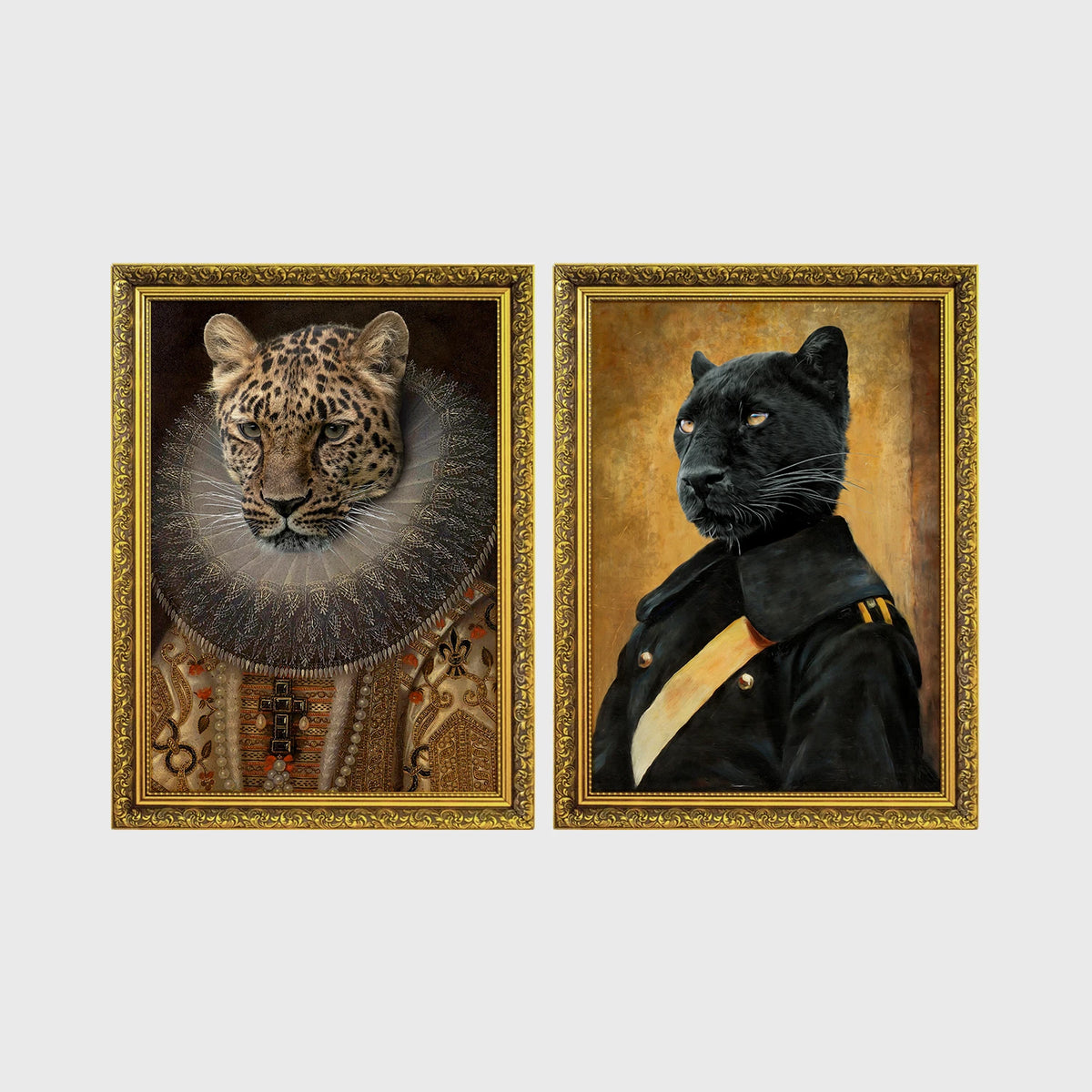 Set of 2 framed prints, animals in noble/military dress: a leopard in an Elizabethan ruff collar; and a panther in a dark military uniform — unframed