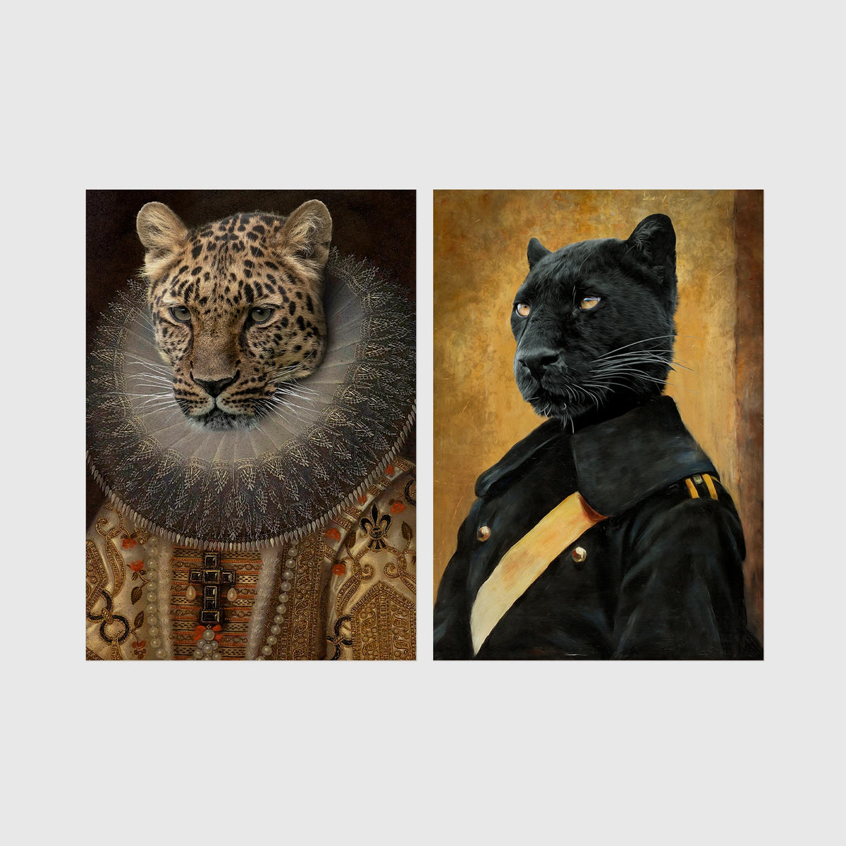 Set of 2 framed prints, animals in noble/military dress: a leopard in an Elizabethan ruff collar; and a panther in a dark military uniform — unframed