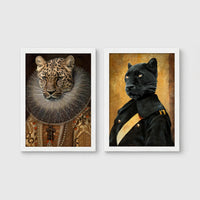 Set of 2 framed prints, animals in noble/military dress: a leopard in an Elizabethan ruff collar; and a panther in a dark military uniform — unframed