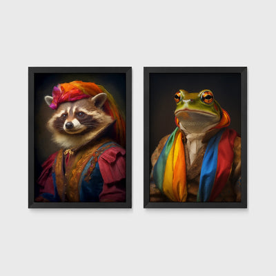 Set of 2 framed prints, animals in rainbow bohemian robes: a raccoon in a rainbow headscarf and robe; and a frog wrapped in a rainbow scarf — unframed