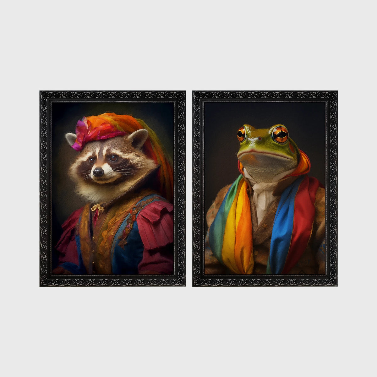 Set of 2 framed prints, animals in rainbow bohemian robes: a raccoon in a rainbow headscarf and robe; and a frog wrapped in a rainbow scarf — unframed
