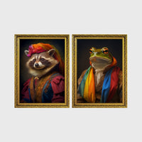 Set of 2 framed prints, animals in rainbow bohemian robes: a raccoon in a rainbow headscarf and robe; and a frog wrapped in a rainbow scarf — unframed