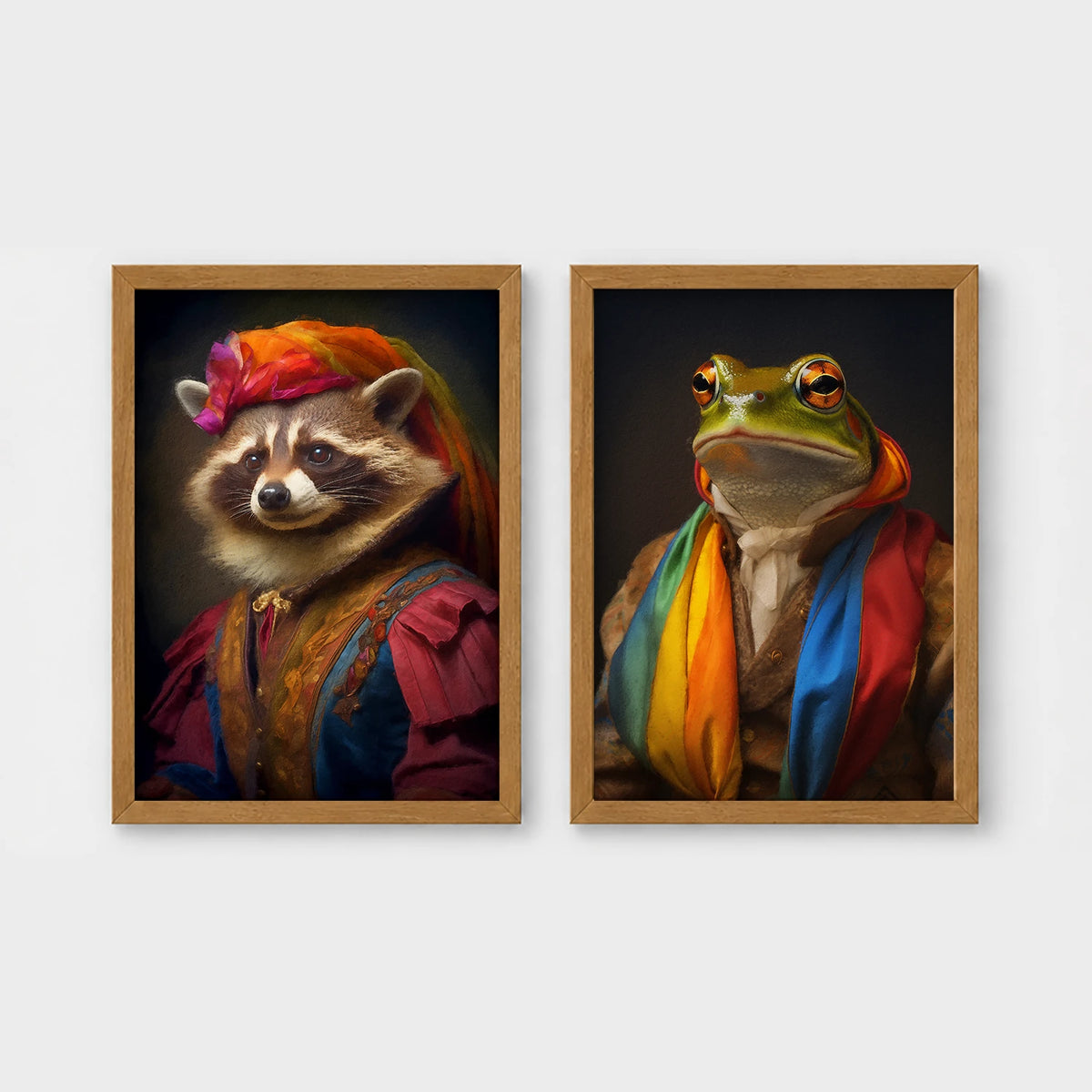 Set of 2 framed prints, animals in rainbow bohemian robes: a raccoon in a rainbow headscarf and robe; and a frog wrapped in a rainbow scarf — unframed
