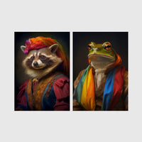 Set of 2 framed prints, animals in rainbow bohemian robes: a raccoon in a rainbow headscarf and robe; and a frog wrapped in a rainbow scarf — unframed