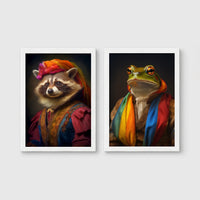 Set of 2 framed prints, animals in rainbow bohemian robes: a raccoon in a rainbow headscarf and robe; and a frog wrapped in a rainbow scarf — unframed