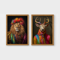 Set of 2 framed prints, animals in rainbow bohemian robes: a lion in a rainbow turban and robe; and a stag wrapped in a rainbow scarf — unframed