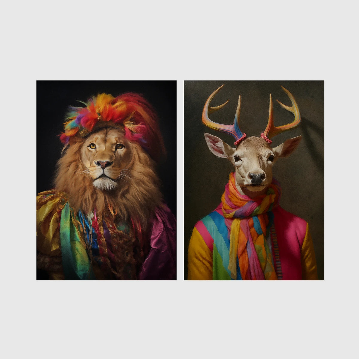 Set of 2 framed prints, animals in rainbow bohemian robes: a lion in a rainbow turban and robe; and a stag wrapped in a rainbow scarf — unframed