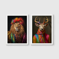 Set of 2 framed prints, animals in rainbow bohemian robes: a lion in a rainbow turban and robe; and a stag wrapped in a rainbow scarf — unframed