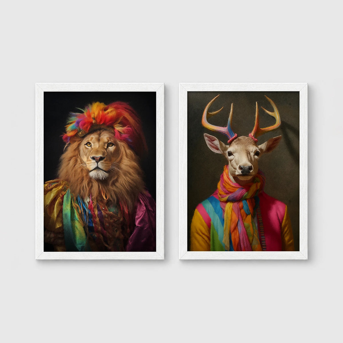 Set of 2 framed prints, animals in rainbow bohemian robes: a lion in a rainbow turban and robe; and a stag wrapped in a rainbow scarf — unframed