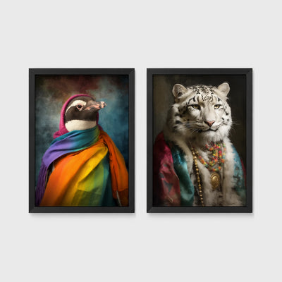 Set of 2 framed prints, animals in rainbow bohemian robes: a penguin wrapped in a rainbow robe and headscarf; and a snow leopard in a colourful robe with beads — unframed