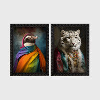 Set of 2 framed prints, animals in rainbow bohemian robes: a penguin wrapped in a rainbow robe and headscarf; and a snow leopard in a colourful robe with beads — unframed