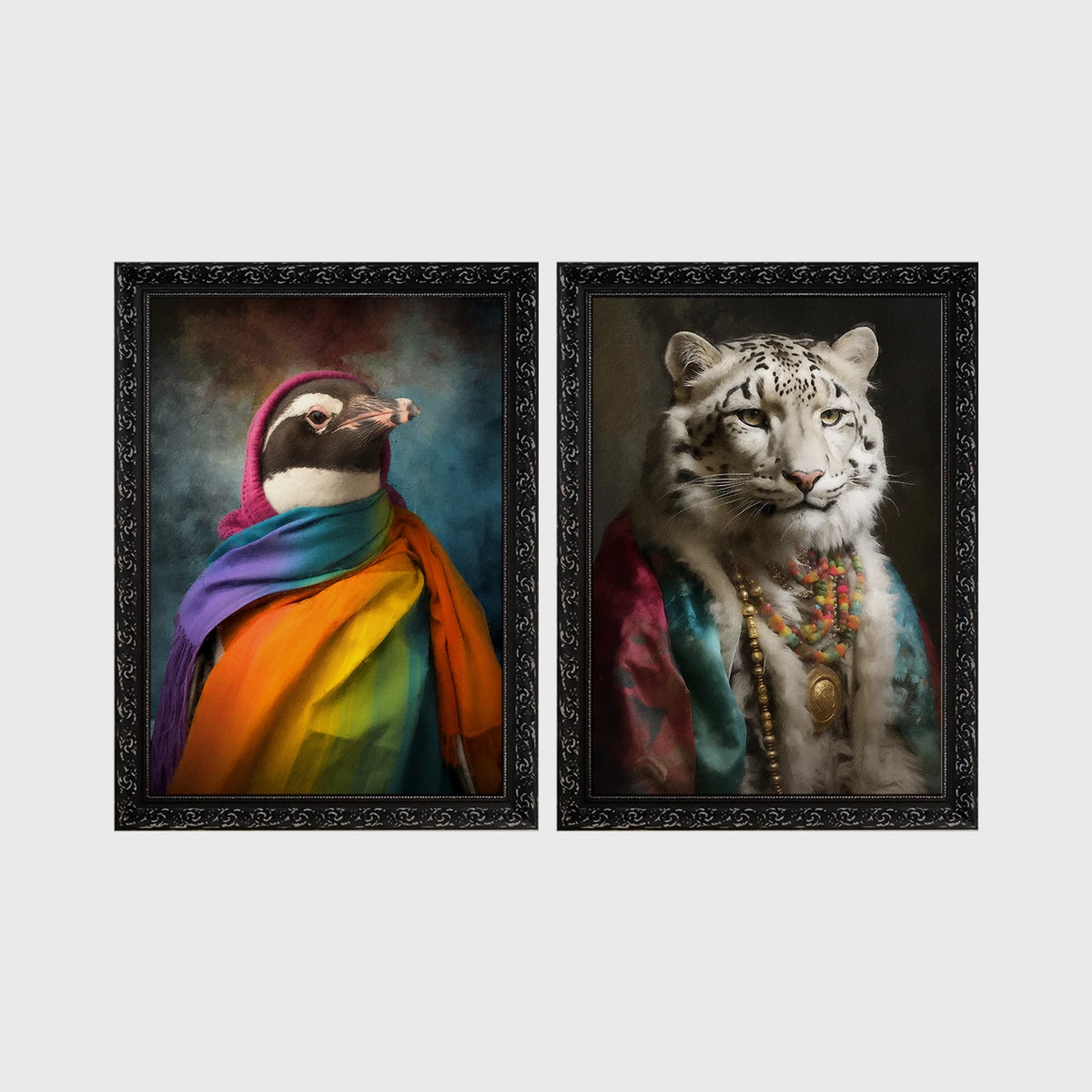 Set of 2 framed prints, animals in rainbow bohemian robes: a penguin wrapped in a rainbow robe and headscarf; and a snow leopard in a colourful robe with beads — unframed
