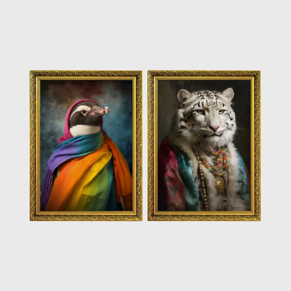 Set of 2 framed prints, animals in rainbow bohemian robes: a penguin wrapped in a rainbow robe and headscarf; and a snow leopard in a colourful robe with beads — unframed