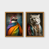 Set of 2 framed prints, animals in rainbow bohemian robes: a penguin wrapped in a rainbow robe and headscarf; and a snow leopard in a colourful robe with beads — unframed