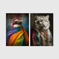 Set of 2 framed prints, animals in rainbow bohemian robes: a penguin wrapped in a rainbow robe and headscarf; and a snow leopard in a colourful robe with beads — unframed