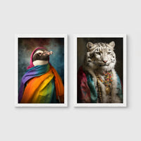 Set of 2 framed prints, animals in rainbow bohemian robes: a penguin wrapped in a rainbow robe and headscarf; and a snow leopard in a colourful robe with beads — unframed