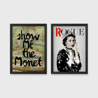Set of 2 framed prints, classical art with pop-culture twists: Monet's water lily bridge with "Show Me The Monet" text; and Queen Elizabeth II styled as a punk "Rogue" magazine cover — unframed