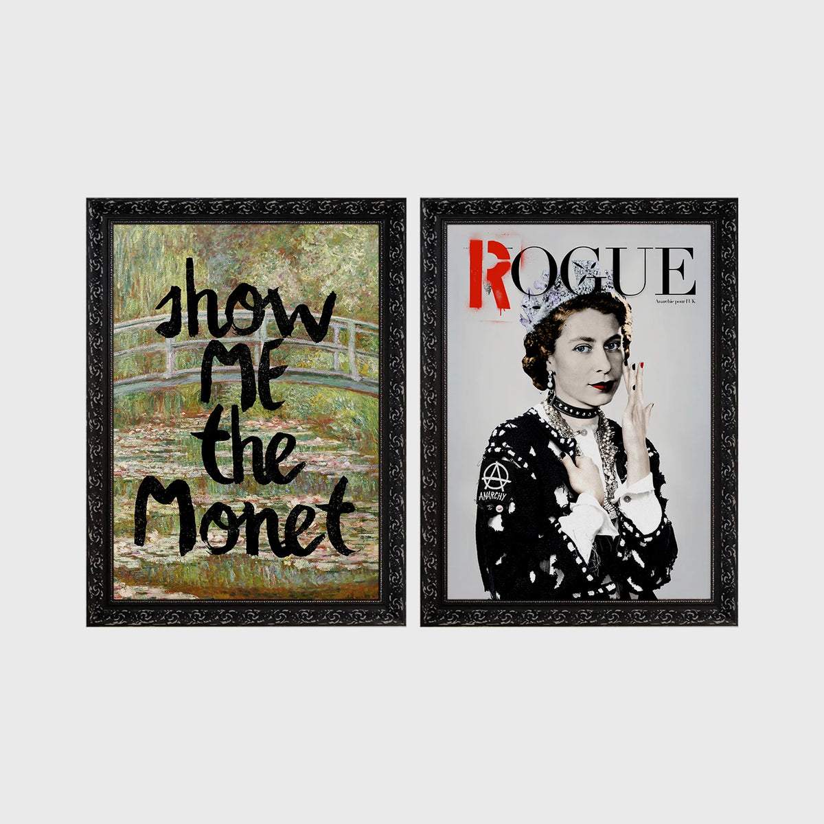 Set of 2 framed prints, classical art with pop-culture twists: Monet's water lily bridge with "Show Me The Monet" text; and Queen Elizabeth II styled as a punk "Rogue" magazine cover — unframed