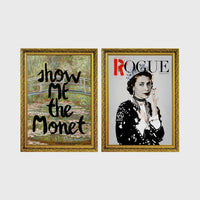 Set of 2 framed prints, classical art with pop-culture twists: Monet's water lily bridge with "Show Me The Monet" text; and Queen Elizabeth II styled as a punk "Rogue" magazine cover — unframed