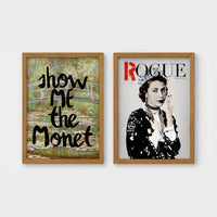 Set of 2 framed prints, classical art with pop-culture twists: Monet's water lily bridge with "Show Me The Monet" text; and Queen Elizabeth II styled as a punk "Rogue" magazine cover — unframed
