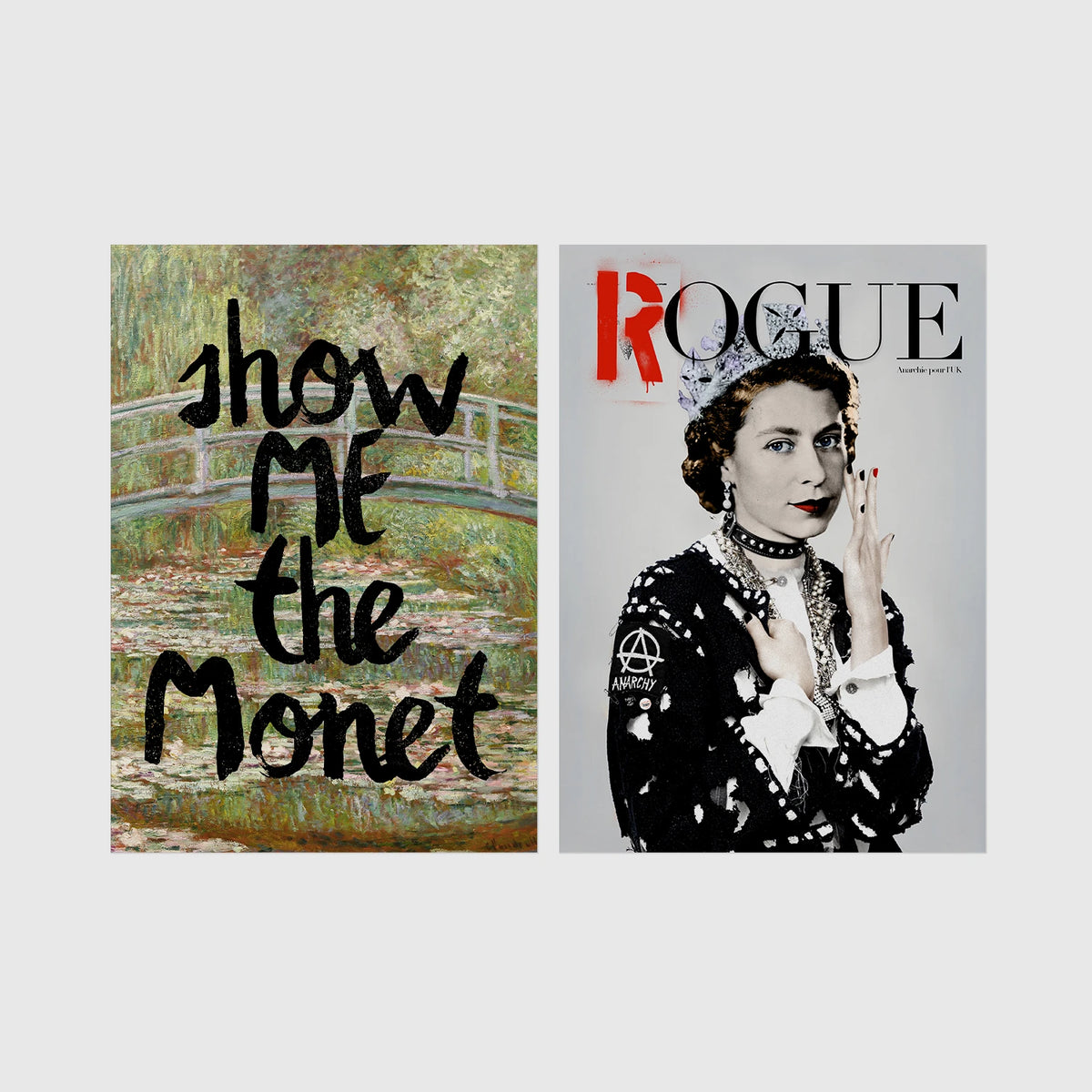 Set of 2 framed prints, classical art with pop-culture twists: Monet's water lily bridge with "Show Me The Monet" text; and Queen Elizabeth II styled as a punk "Rogue" magazine cover — unframed