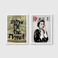 Set of 2 framed prints, classical art with pop-culture twists: Monet's water lily bridge with "Show Me The Monet" text; and Queen Elizabeth II styled as a punk "Rogue" magazine cover — unframed