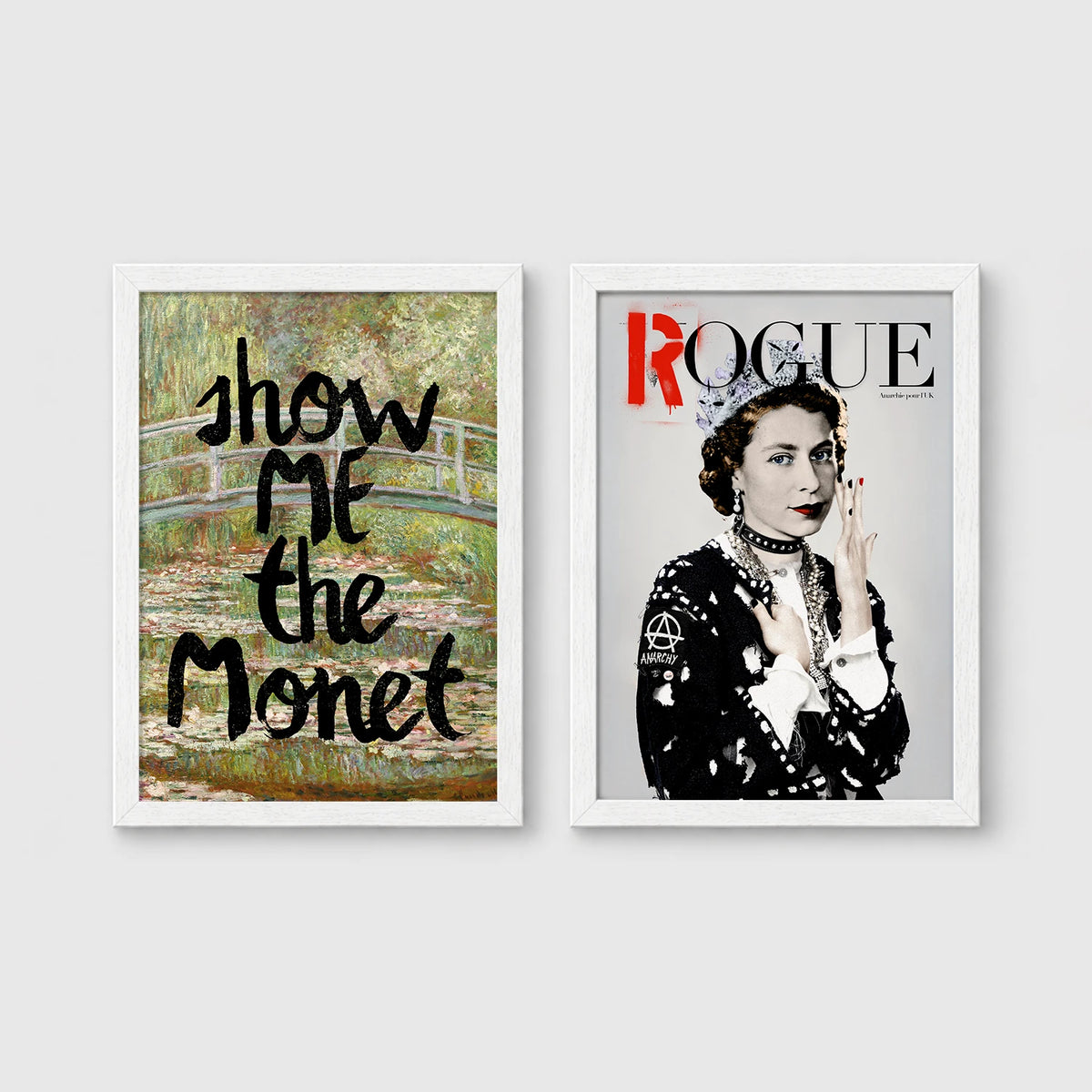 Set of 2 framed prints, classical art with pop-culture twists: Monet's water lily bridge with "Show Me The Monet" text; and Queen Elizabeth II styled as a punk "Rogue" magazine cover — unframed