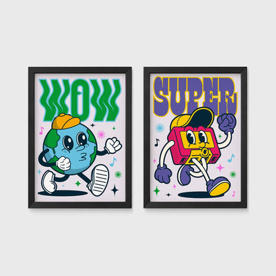 Set of 2 framed prints, retro groovy cartoon mascot illustrations: a globe mascot character with "Wow" text; and a boombox mascot character with "Super" text — unframed