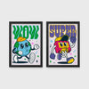Set of 2 framed prints, retro groovy cartoon mascot illustrations: a globe mascot character with "Wow" text; and a boombox mascot character with "Super" text — unframed